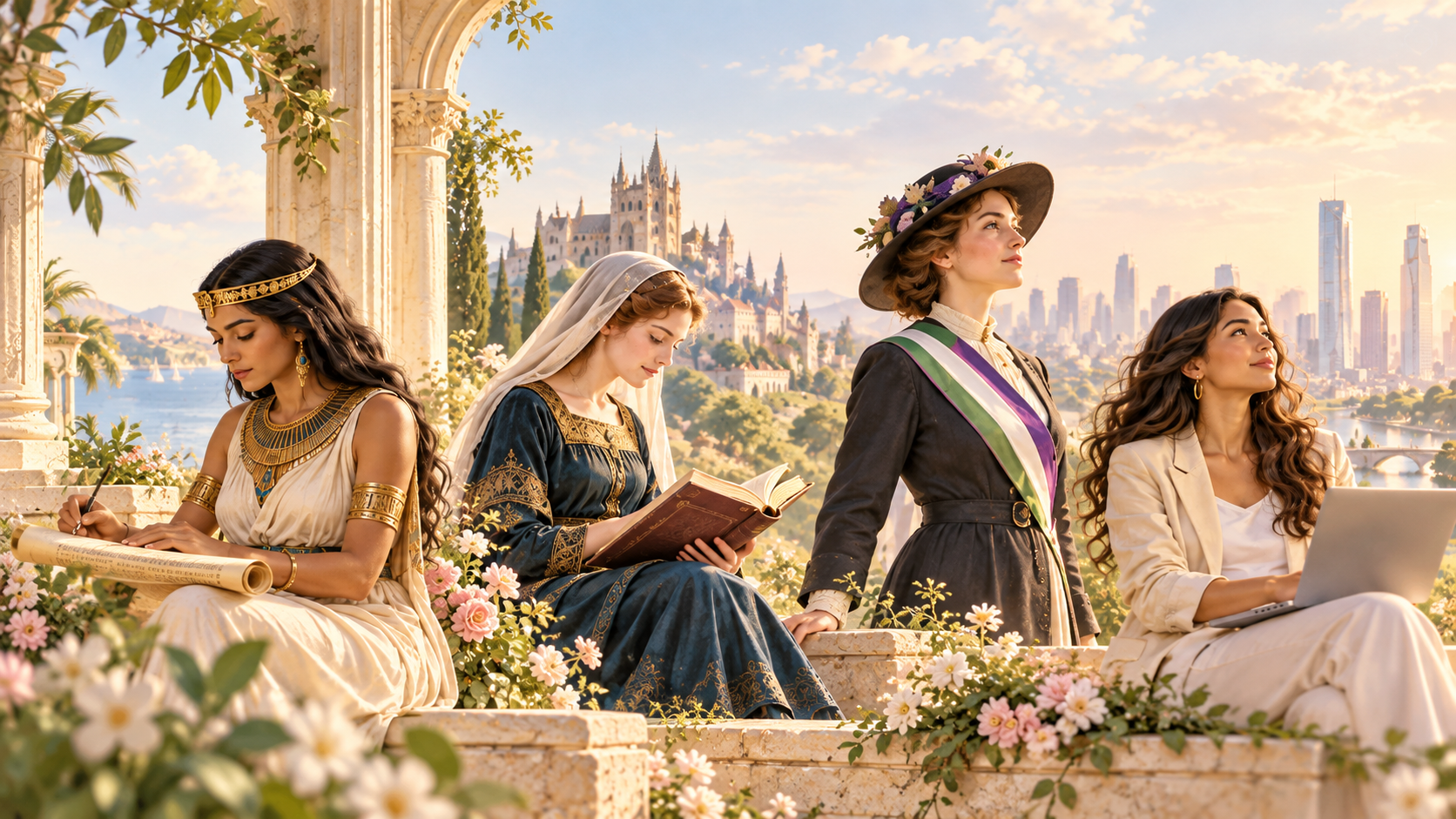 Illustration of women throughout history, representing ancient civilizations, medieval society, science, culture, and women's rights.
